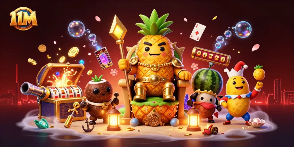 Engage in thrilling casino adventures with 11M, featuring golden pineapple king and slot elements.