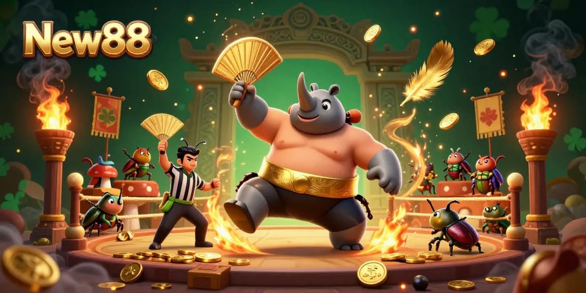 Experience the excitement of New88 as a rhinoceros beetle champ stomps, sending gold coins flying in a vibrant casino-themed scene.
