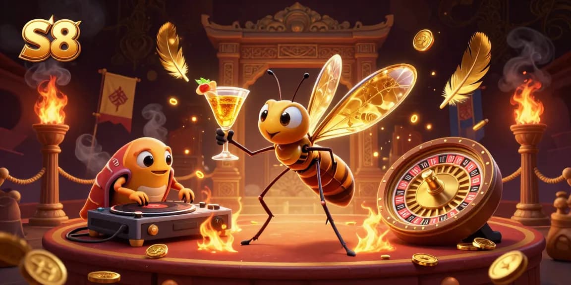 S8 casino mascot brings excitement with golden cocktails alongside a trilobite DJ in a vibrant scene.