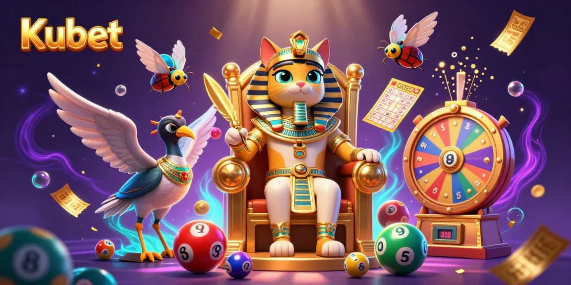 Kubet offers vibrant lottery gaming with a cartoon pharaoh cat amid colorful lottery elements and prizes.
