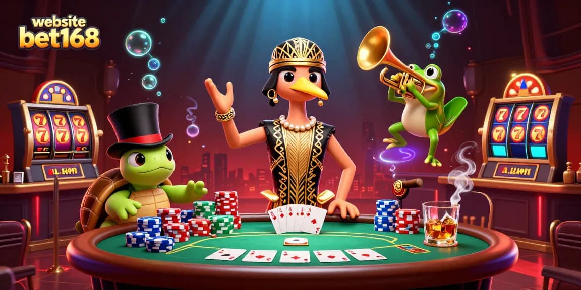 Experience thrilling gaming action at website bet168 with a vibrant scene of characters and casino elements.