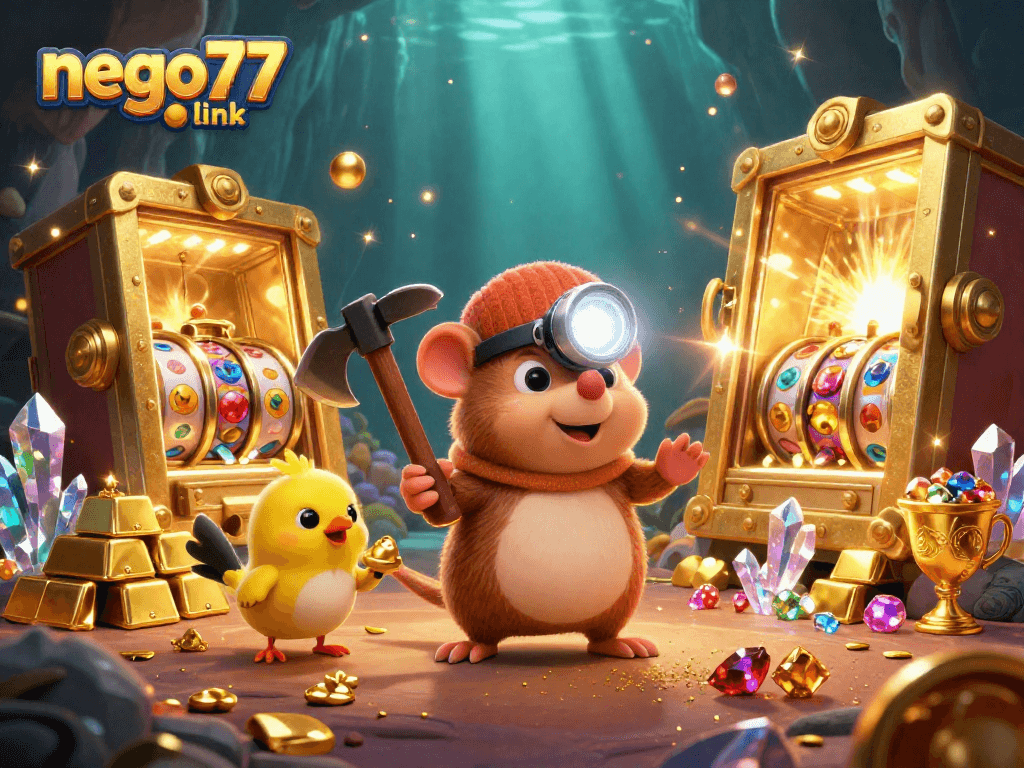 Engage with the exciting nego77 link scene, featuring vibrant slot reels, treasure, and rich gems.