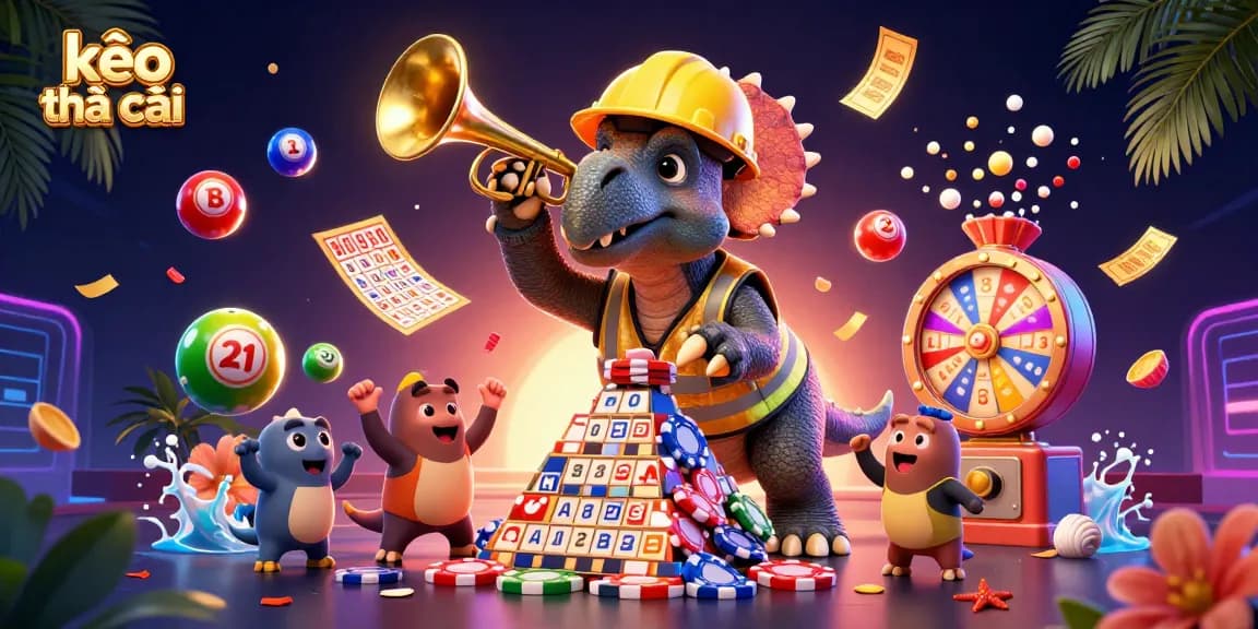 Engage with kèo nhà cái through a dynamic casino scene featuring various cheering characters and gaming elements.