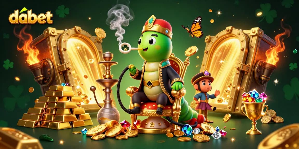 dabet engages with vibrant poker-themed 3D illustration featuring a whimsical caterpillar and treasures.