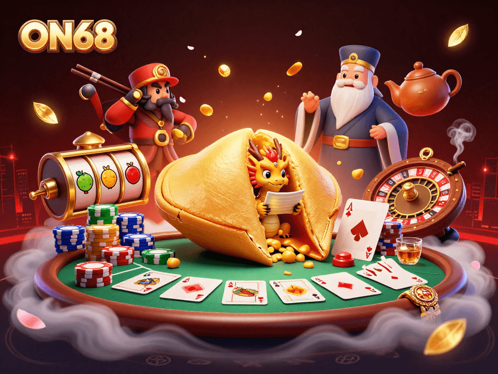 Experience the thrilling atmosphere of ON68 with a dynamic illustration of fortune and gaming elements.