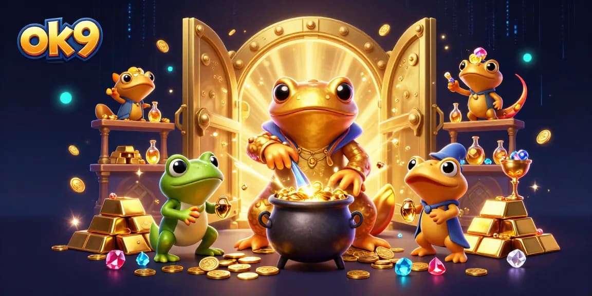 Experience winning strategies at ok9 with a vibrant 3D illustration of an alchemical casino.