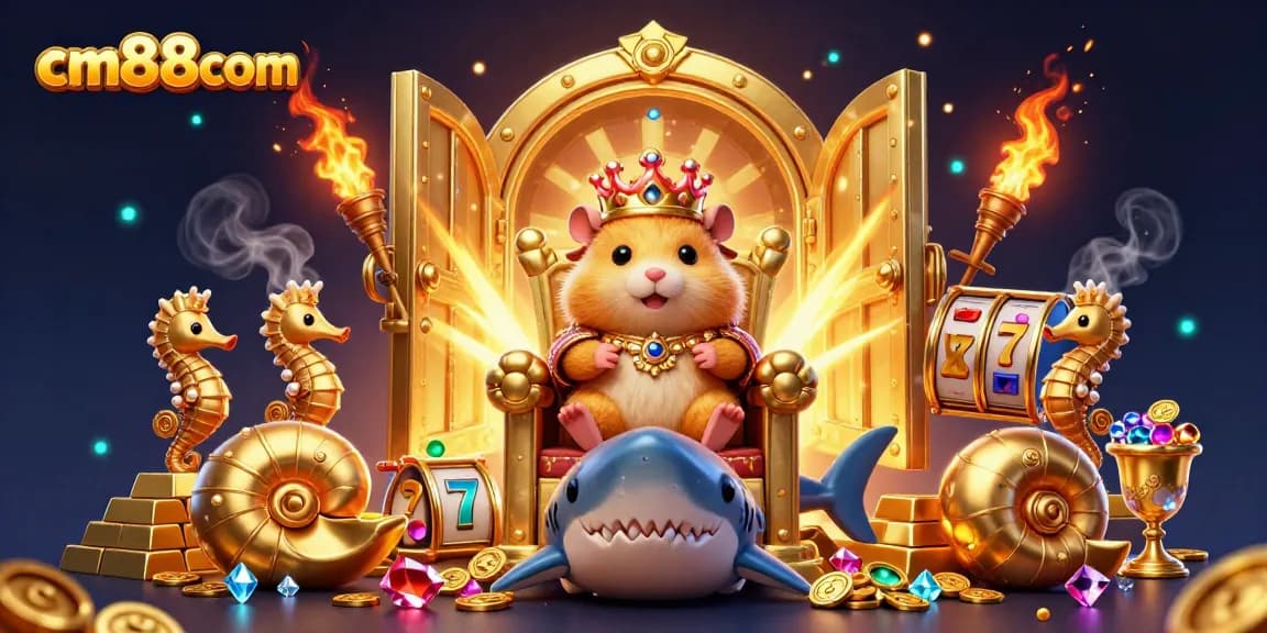 Spin the reels and win with cm88com in this vibrant, luxurious casino-themed illustration.