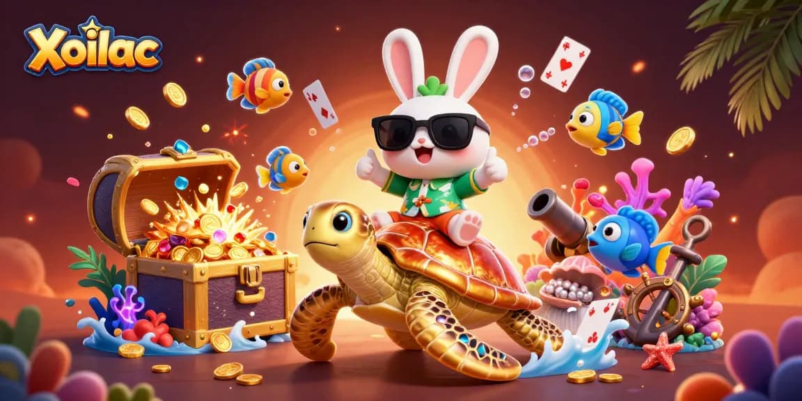 Xoilac enhances online gaming with a vibrant illustration of adventure featuring a lucky rabbit and a sea turtle.