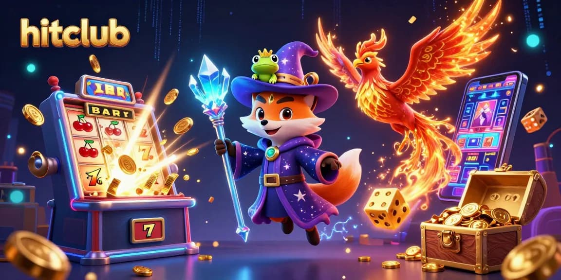 Hitclub offers thrilling gaming experiences, showcasing a magical wizard fox and vibrant slot elements.