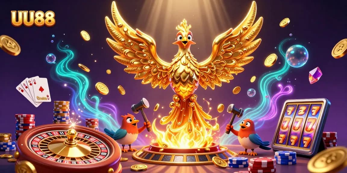 Experience excitement with UU88's vibrant gambling scene featuring a golden phoenix amidst casino elements.