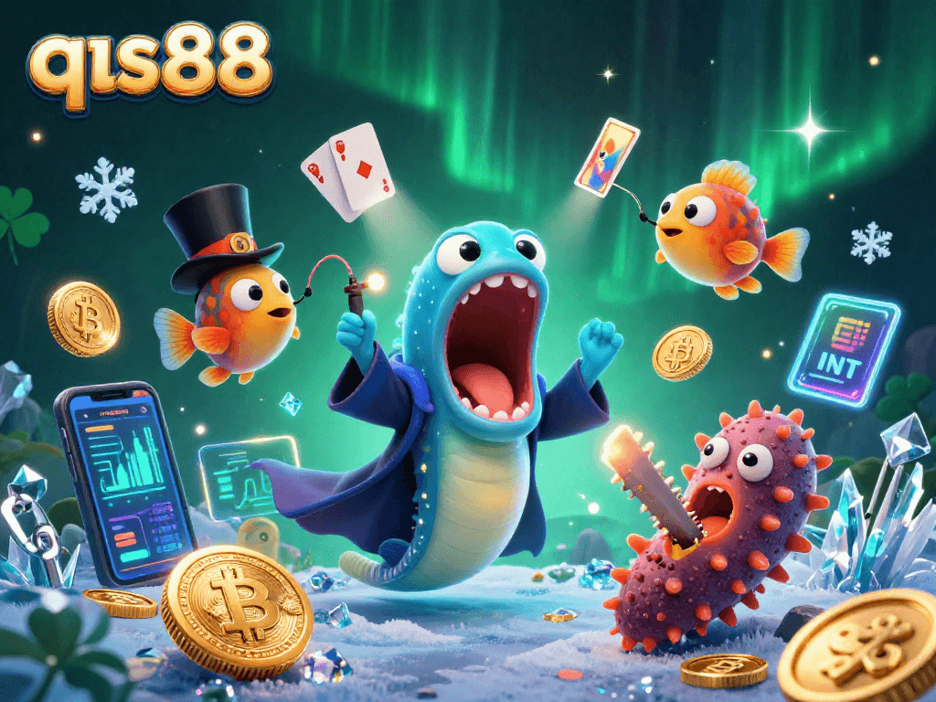 Experience thrilling moments at qs88, where a deep-sea eel performs magic tricks amidst neon crypto coins and vibrant casino elements.