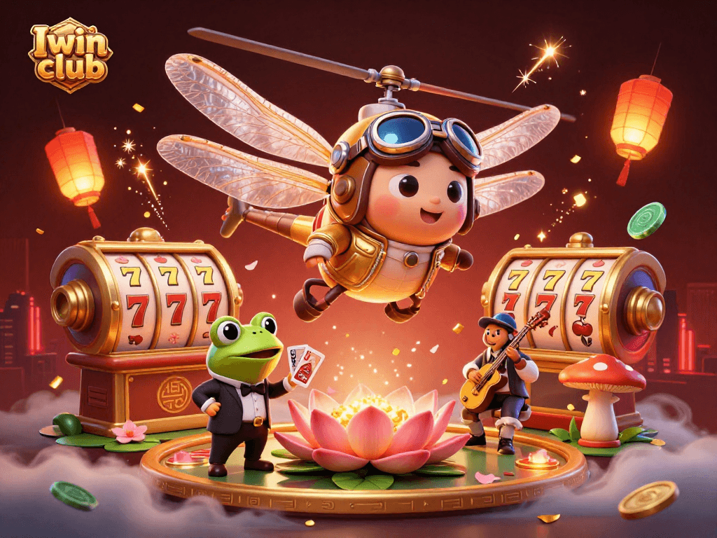 Iwin club features a lively 3D scene of a dragonfly helicopter pilot, frog dealer, and jazz cricket musicians