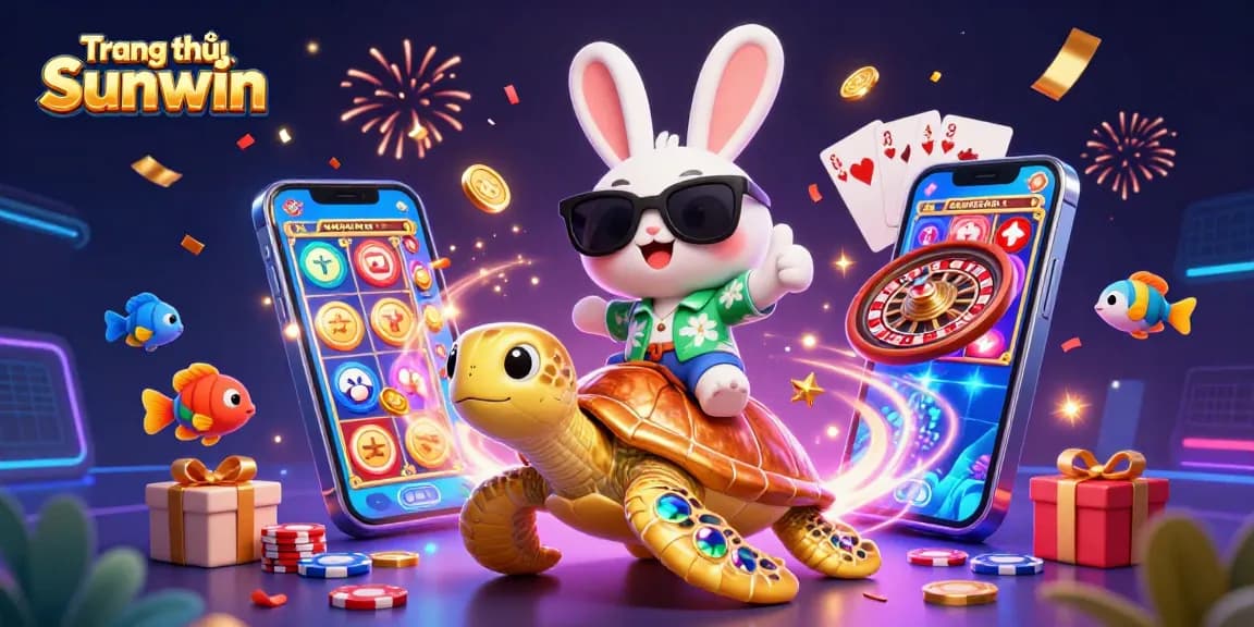 Experience the excitement of Trang chủ Sunwin with a lucky rabbit and golden sea turtle in a vibrant casino scene.