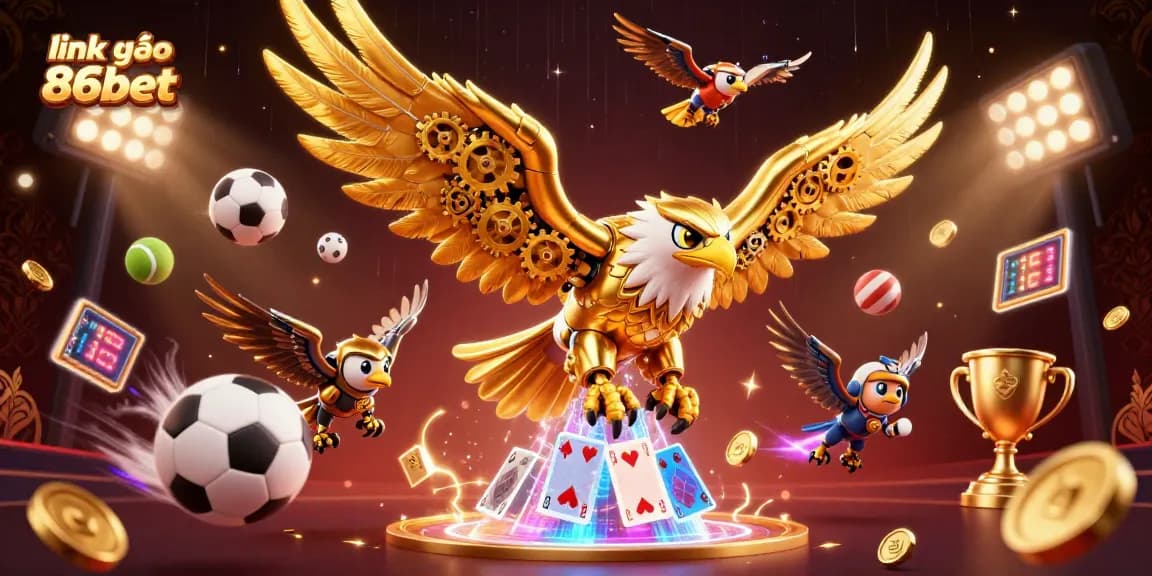 Experience dynamic gaming excitement with the link vào 86bet, showcasing an exhilarating scene with a cybernetic eagle.