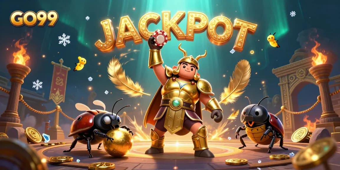GO99 casino illustration featuring beetle characters celebrating jackpot win at a vibrant gaming arena.