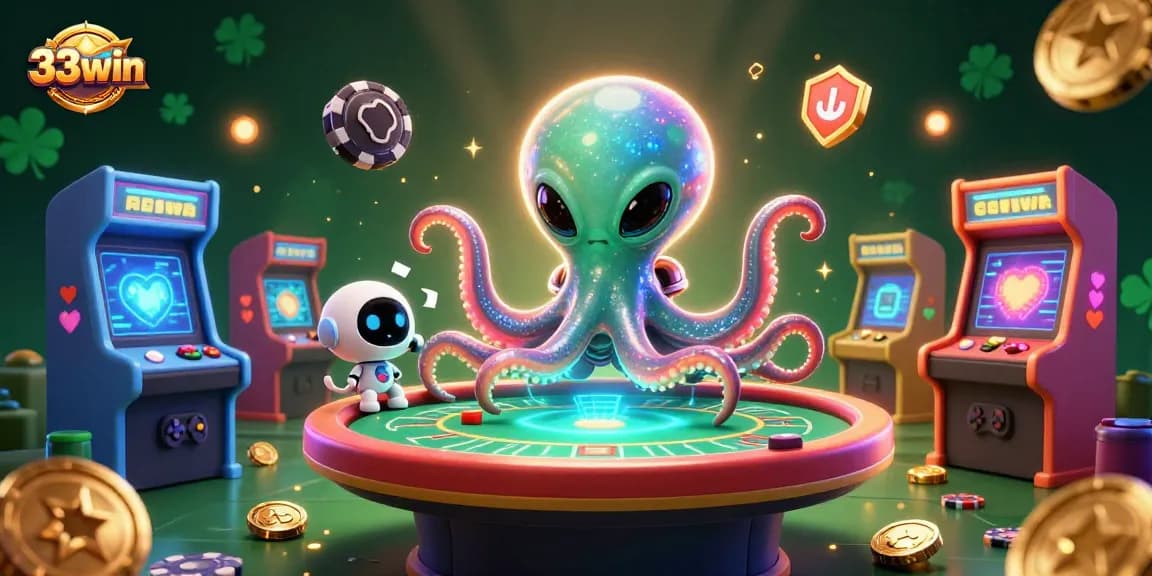 Engage in exciting casino action with 33win's alien octopus at a poker table.