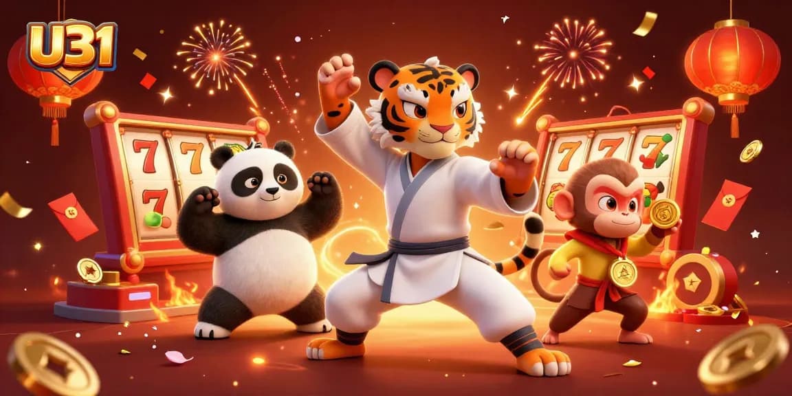 Experience thrilling gameplay at U31 with vibrant casino elements, including lively slot reels and energetic characters.