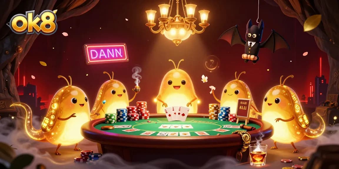 Experience thrilling casino action at ok8 with vibrant glowworms, poker chips, and immersive game elements.