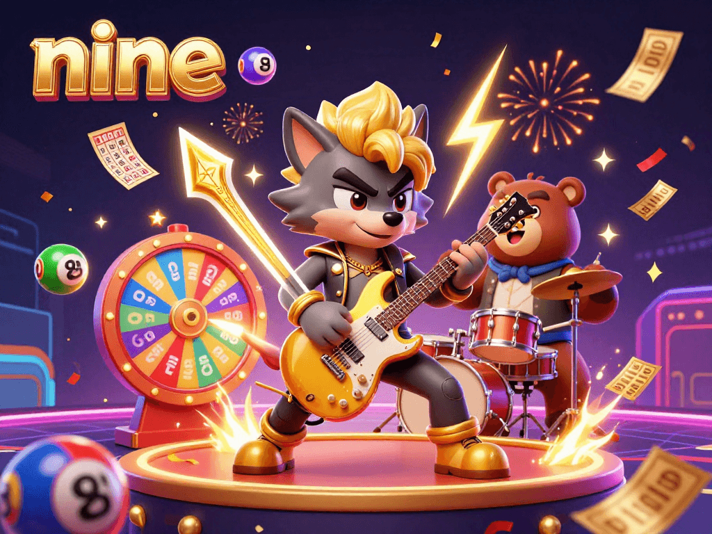 Experience the excitement of nine, where a rock star wolf and drummer bear animate a vibrant casino scene filled with colorful lottery balls.