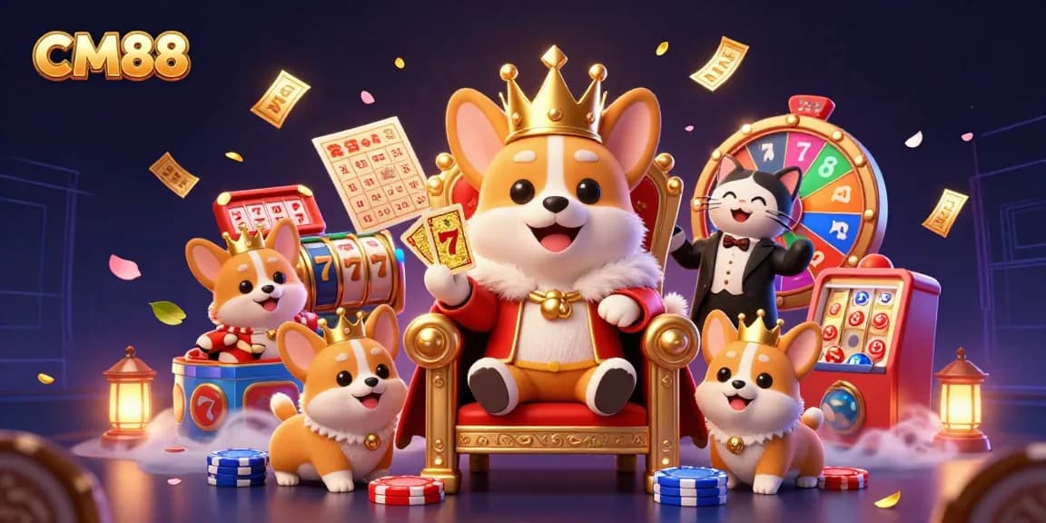 Engage with CM88's vibrant gaming world featuring a royal corgi and a cat butler surrounded by dynamic casino elements.