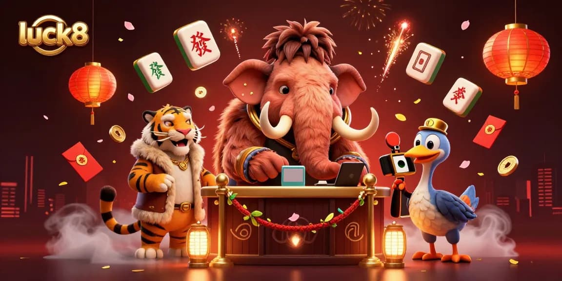 Experience luck8's vibrant casino atmosphere with a bouncer, VIP guest, and doorman celebrating in a colorful setting.