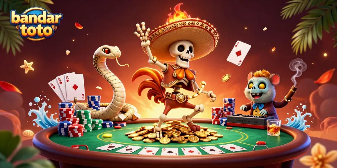 Experience the thrill of bandar toto as a mariachi rooster celebrates on a pile of coins in a vibrant casino scene.