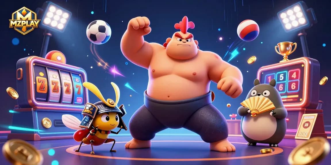 MZPLAY features vibrant 3D characters celebrating wins in a lively casino scene.