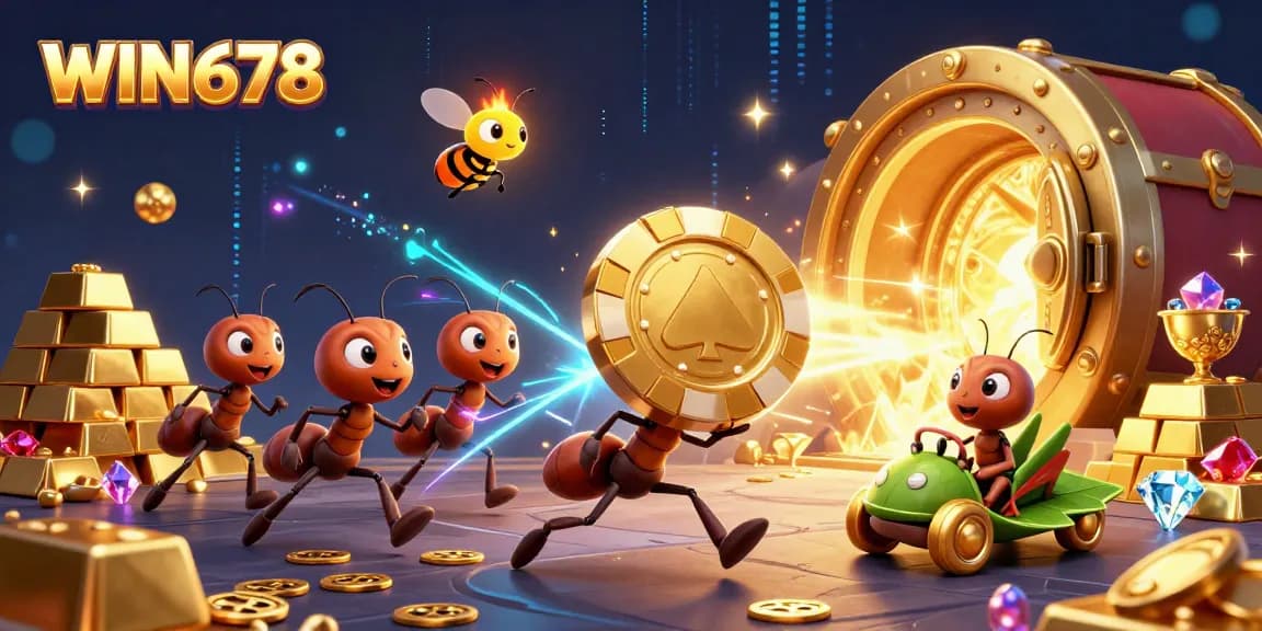 Experience WIN678's thrilling heist with giant poker chips and sparkling treasures in this vibrant scene.