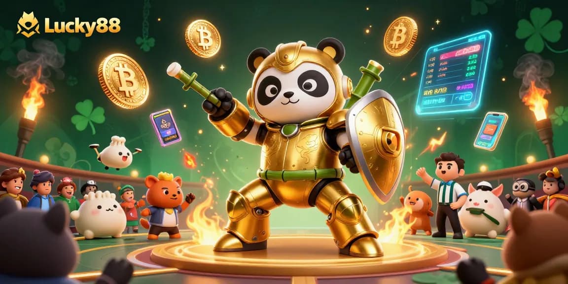 Experience the excitement of Lucky88, where a golden panda battles in a vibrant casino arena.