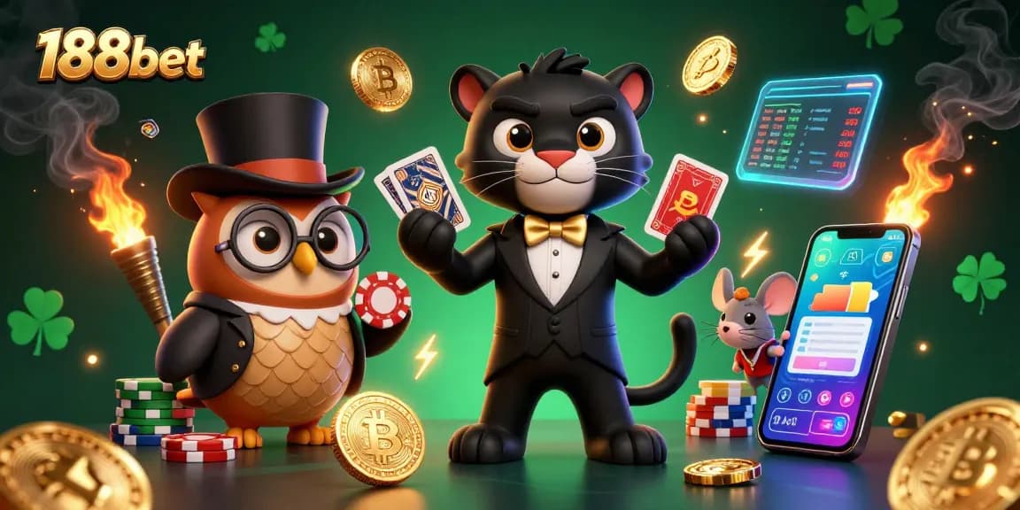 Experience thrilling gaming action with 188bet in a vibrant 3D casino scene filled with unique characters and digital elements.