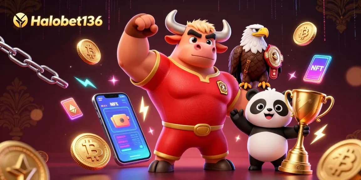 Halobet136 brings excitement, featuring a victory pose by a bull mascot, crypto coins, and a golden trophy.