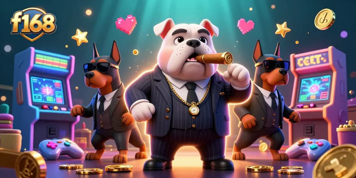 Experience the excitement of f168 with a dynamic scene featuring a mafia bulldog and Doberman bodyguards amidst vibrant casino elements.