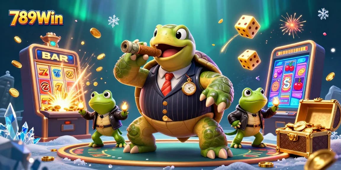 Immerse in 789Win's vibrant casino world with a snapping turtle mobster and bullfrog enforcers surrounded by slot machines and treasures.