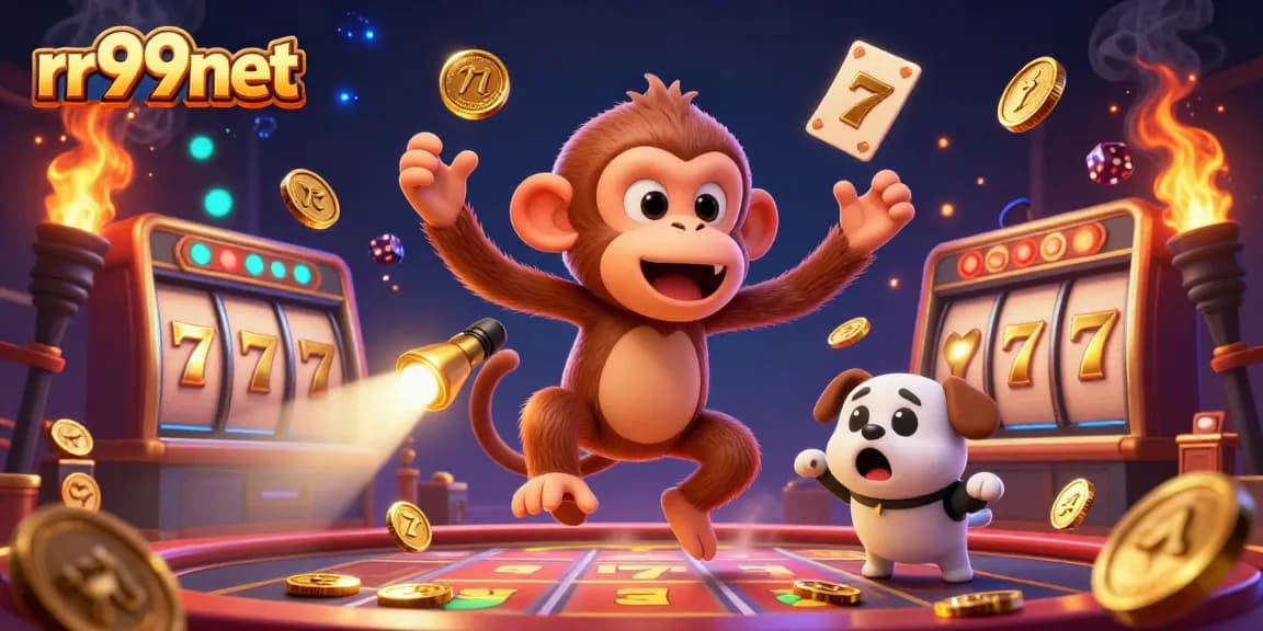 Engage in thrilling jackpot action at rr99net with a dynamic 3D casino scene featuring a playful poltergeist and a curious puppy.
