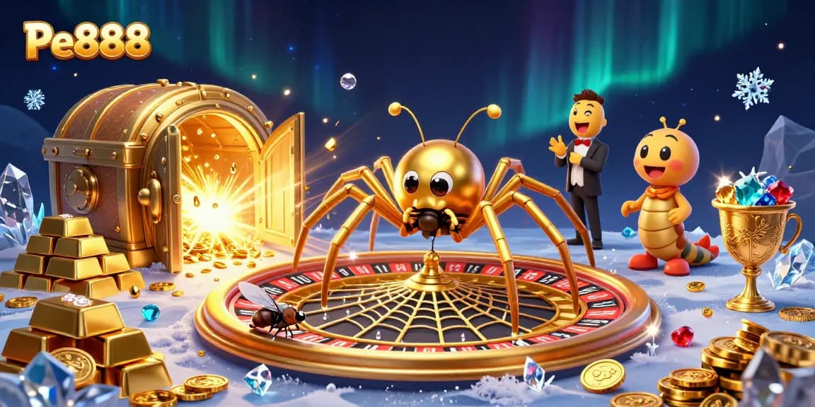 Pe888 offers excitement with a golden roulette wheel and characters in a lively casino scene.