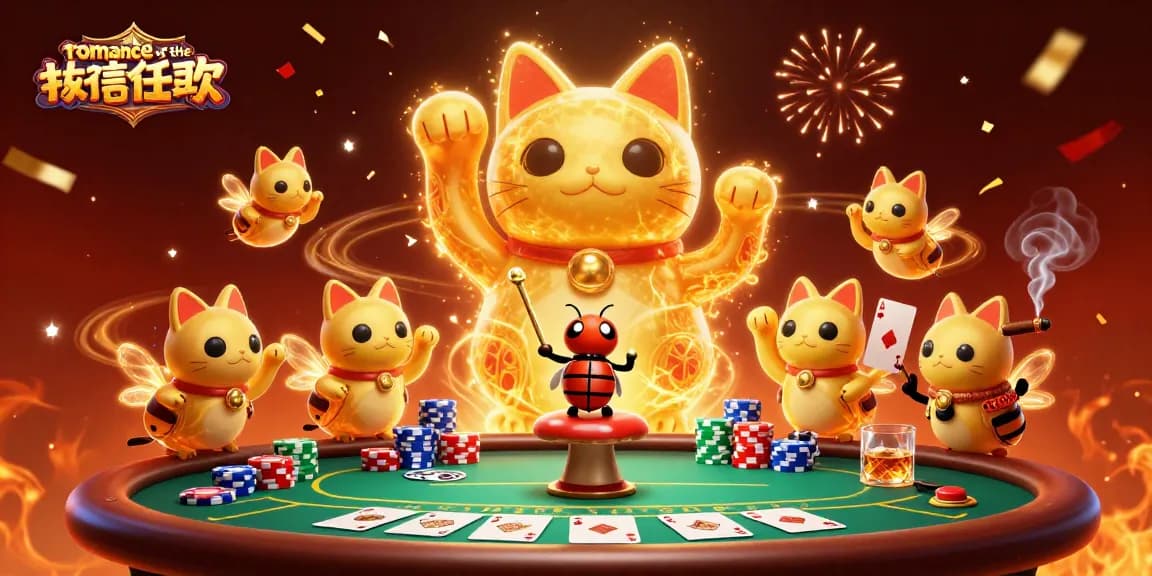 Experience the thrills of the romance of the three kingdoms with vibrant casino symbols and a waving lucky cat.