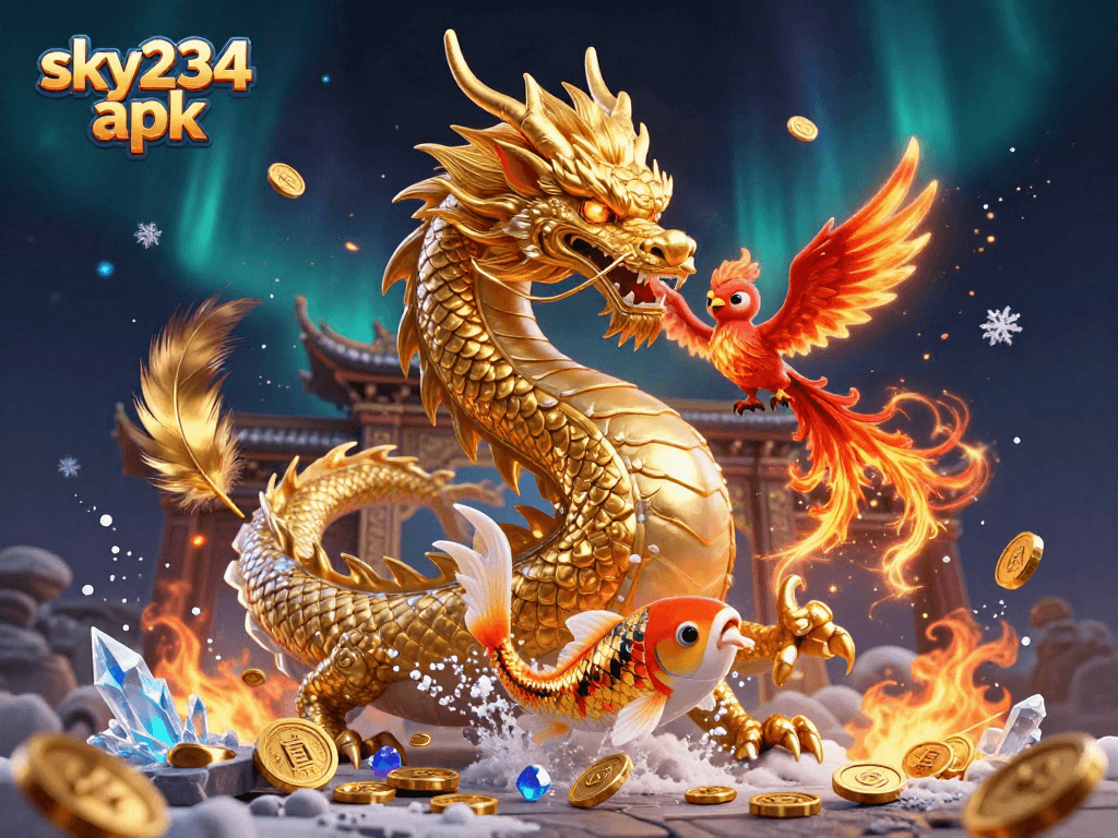 Engage with the sky234 apk experience featuring a golden dragon, phoenix, and koi fish amidst vibrant casino elements.