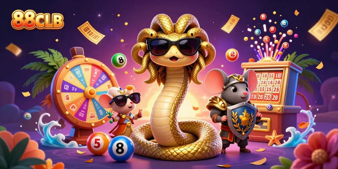 88CLB casino promotional illustration showcasing Medusa and a warrior mouse amidst colorful lottery elements.