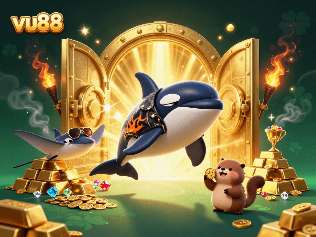 Experience the thrill of vu88 gaming with a lively cartoon scene featuring vibrant characters and treasure!