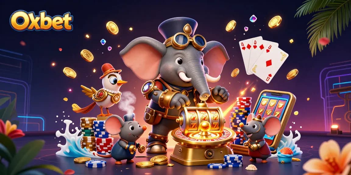 Experience thrilling gaming action at Oxbet with a 3D steampunk scene featuring vibrant casino elements.