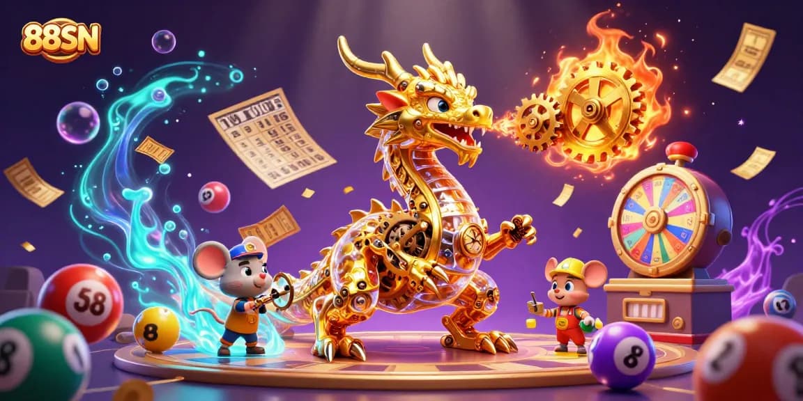 Experience excitement at 88SN with stunning lottery elements and gaming visuals in a dynamic casino illustration.