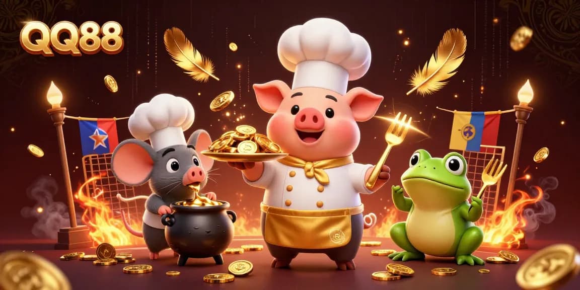 Bet on your favorite sports at QQ88 with gourmet coins in a dynamic casino scene featuring engaging characters.
