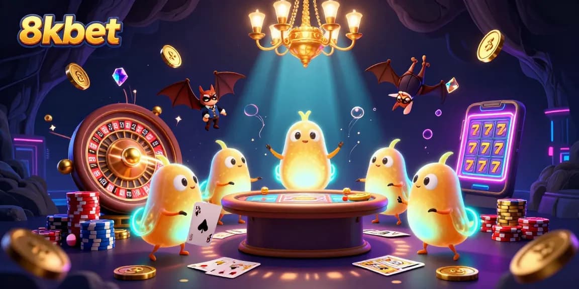 Experience the vibrant chaos of 8xbet's unique casino world with glowing characters and dynamic game elements.