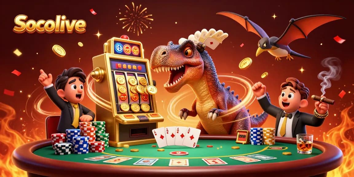 Socolive empowers players with a thrilling casino scene where a pachycephalosaurus enhances jackpot excitement, attracting lively golden coins.