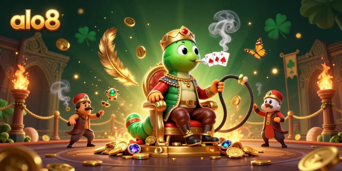 Experience the excitement of alo8 with a playful caterpillar in a Turkish sultan outfit blowing poker symbols in a vibrant casino scene.