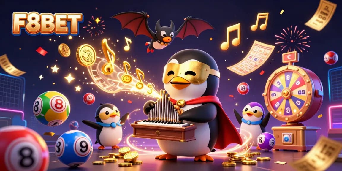 Engage with the excitement of F8BET through dynamic casino illustrations featuring lottery fun and golden treasures.