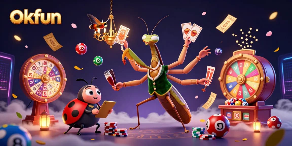 Engage in game mastery with okfun, featuring a dynamic casino scene with colorful elements.