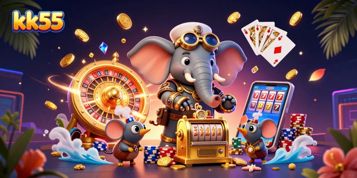 Engage in thrilling gaming at kk55 with an enchanting scene of a steampunk elephant and vibrant casino elements.