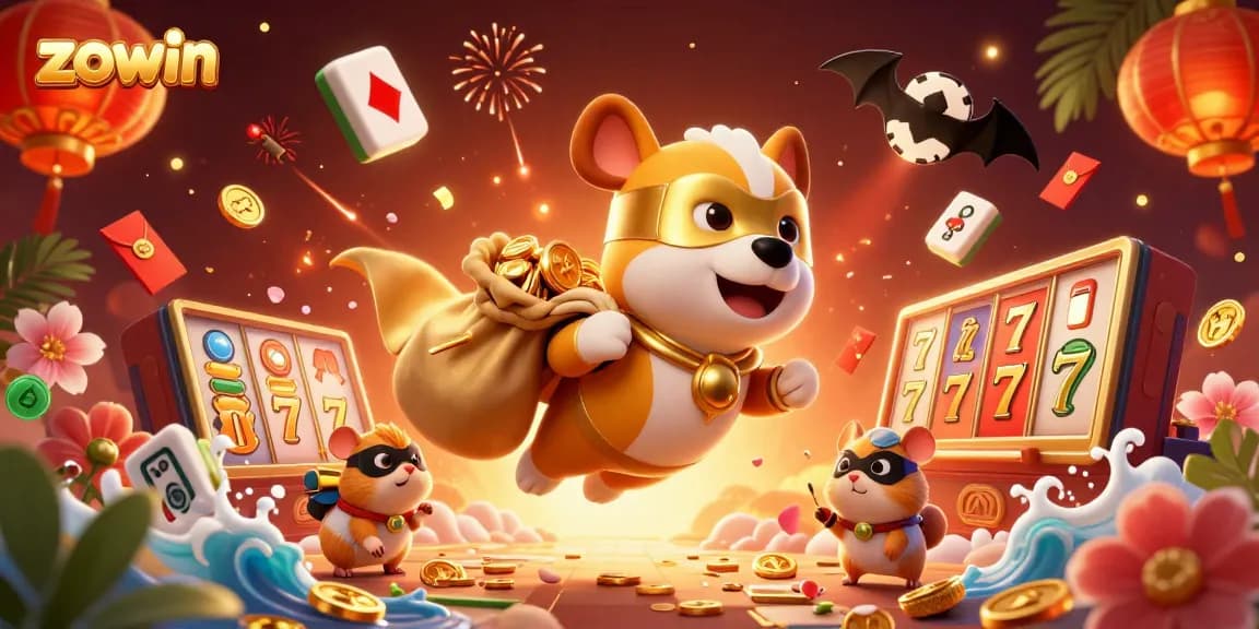 Zowin's superhero dog and sidekick bringing luck as they spin slots and collect rewards.