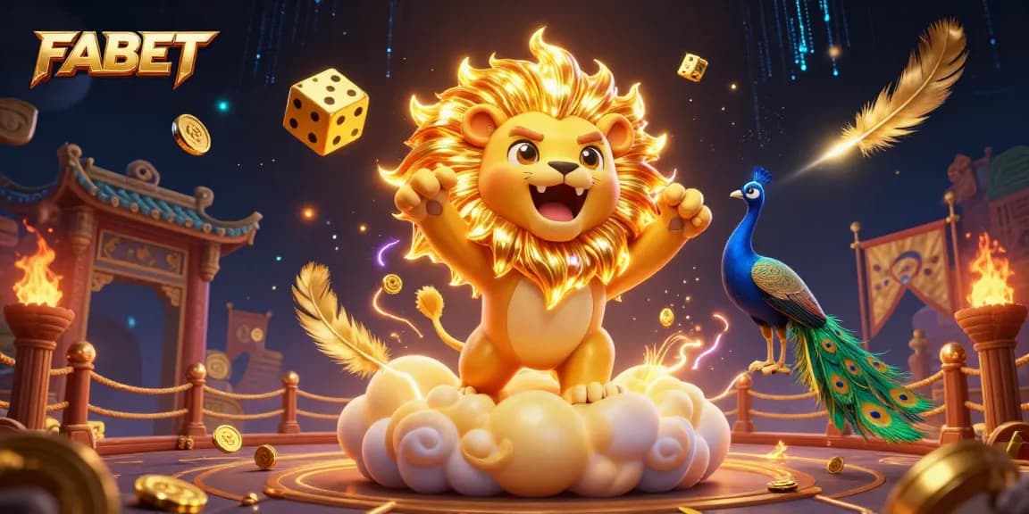 Engage with FABET's vibrant online casino scene featuring golden mane lion and cosmic dice.